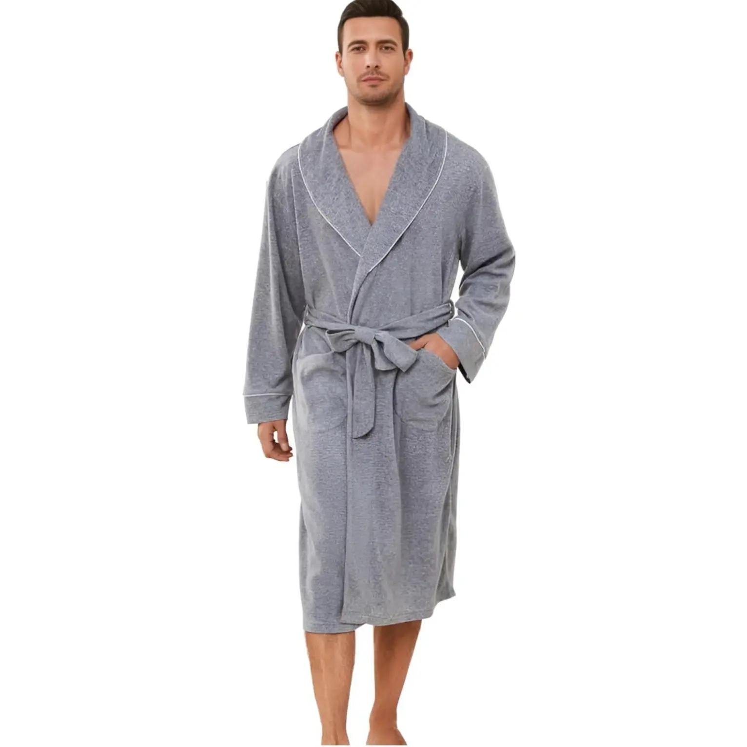 Men's Lightweight Fleece Robe - Soft Long Shawl Collar Longsleeves Bathrobe, Night Sleepwear Loungewear, Beige/Black Plain Design for 2024 Christmas