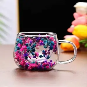 Flower Design Double Wall Glass Cup, 1 Count Creative Clear Coffee Cup with Handle, Heat Resistant Tea Cup, Drinking Cup for Home Office Use, Drinkware, Glass Coffee Cups