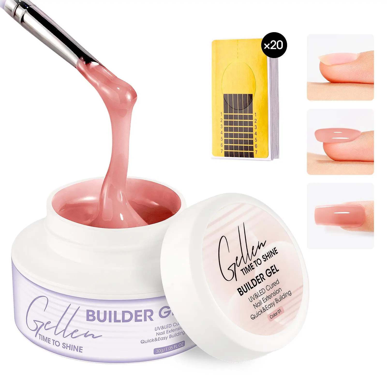 Gellen Professional Builder Gel Kit for French Manicure, 30g Nude Pink Hard Gel with 20 x Nail Forms for Adults’ Extensions, Structured Apex Building, Plain Strengthening, Overlays, Resin Base, 3 Years, Alcohol Free, Chrome