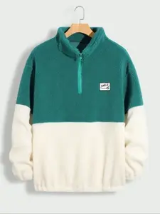 New Casual Trendy Aesthetic Lamb Fleece Colorblock Pullover Hooded Sweatshirt Jacket with Zipper, Fall & Winter Fashion, Fitted Style, No Ca Prop 65