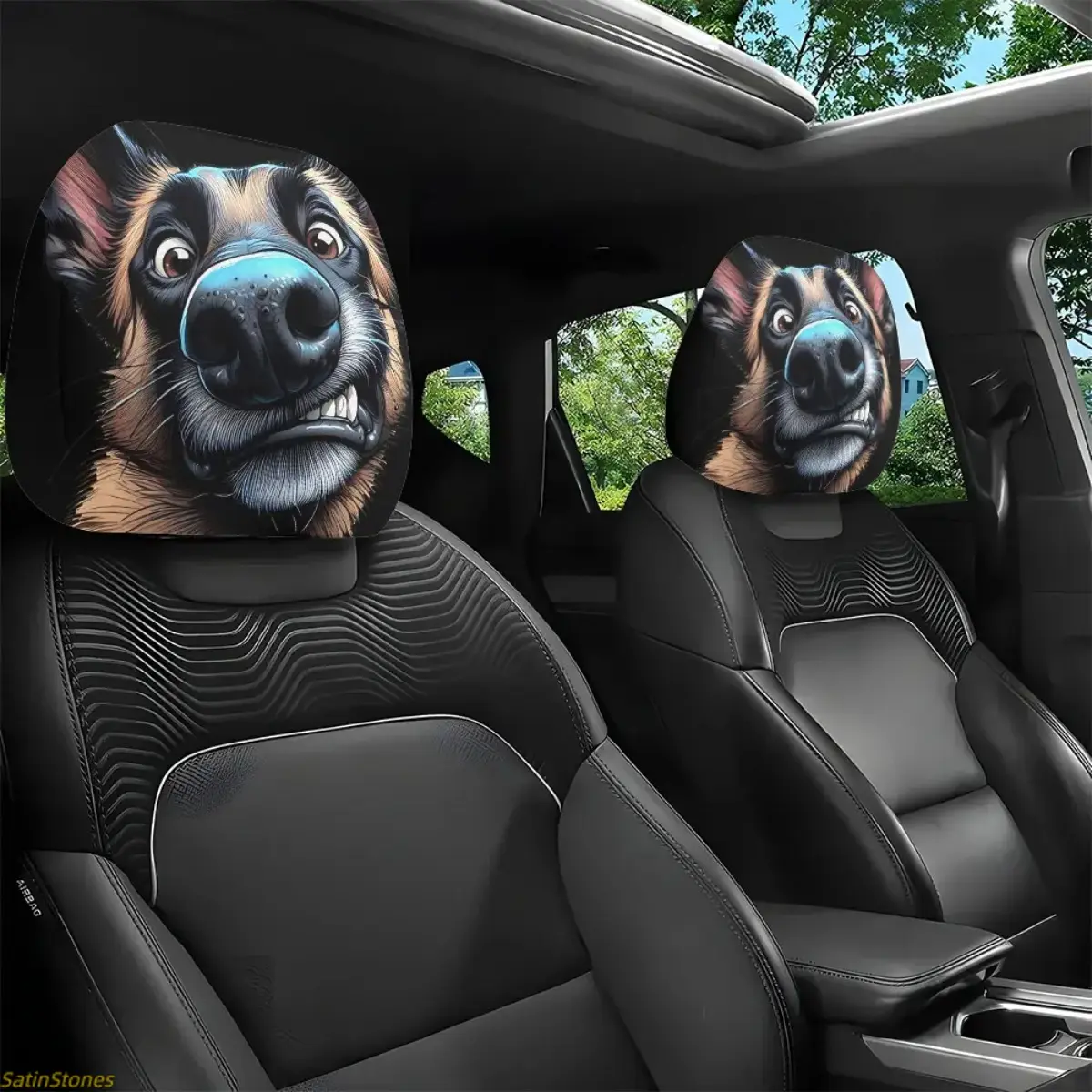 2-Pack Cartoon German Shepherd Car Headrest Covers, Car Accessories, Elastic Polyester Material, Washable, Easy to Install, Ideal for Long Trips, Accessories For Car