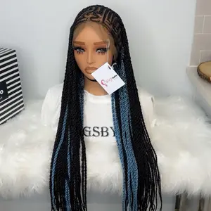 WIGSBYITO Lemonade Cornrows Synthetic Chain Twist with a Touch of Blue 360 Full Lace Wig 32inches Braided Wig with Adjustable Band and Pin