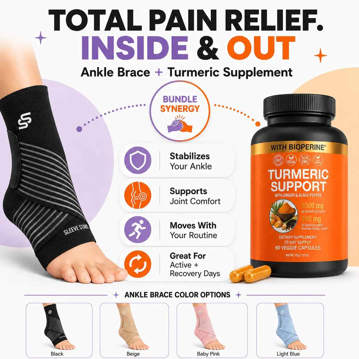 Sleeve Stars Ankle Brace & Turmeric Curcumin Supplement Bundle – Adjustable Customizable Compression Ankle Sleeve with Removable Strap + Joint Support Capsules with Ginger & BioPerine, for Men & Women