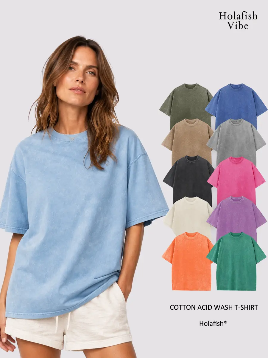 Holafish Women's Acid Wash Cotton Oversized Tops - 1/2 Pack, Crew Neck, Short Sleeve, Relaxed Loose Fit Solid, Soft Breathable Comfortable Fabric, Summer Beach Streetwear Style Basic Tee for Everyday Wear