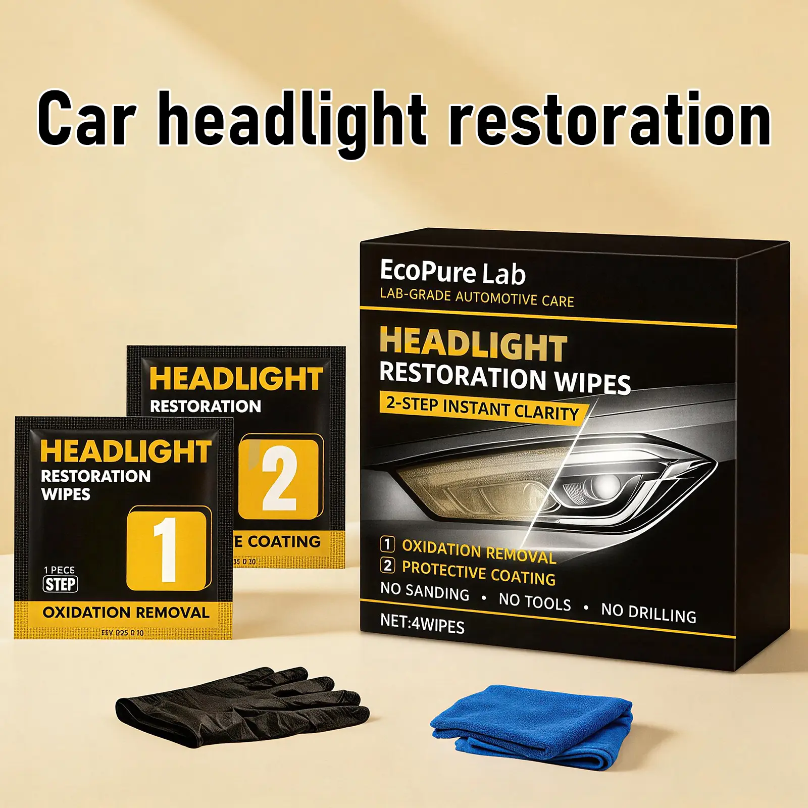 EcoPure Lab 3 Car Headlight Restoration Wipes – Repair Oxidized, Yellowed, and Cloudy Headlights, Enhance Crystal Coating Protection, Restore Headlight Clarity