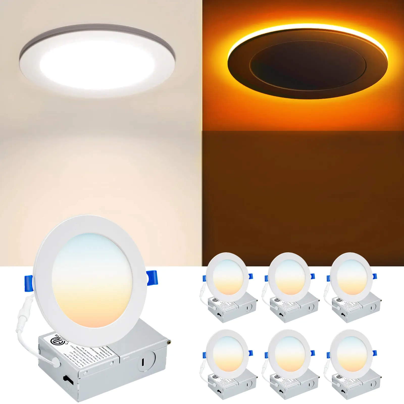 6 inch 5CCT LED Recessed Ceiling Light with Night Light with Junction Box, 2700K/3000K/3500K/4000K/5000K Selectable Ultra-Thin Lighting, 12W=110W, 1050LM, Dimmable Canless Wafer Downlight ETL