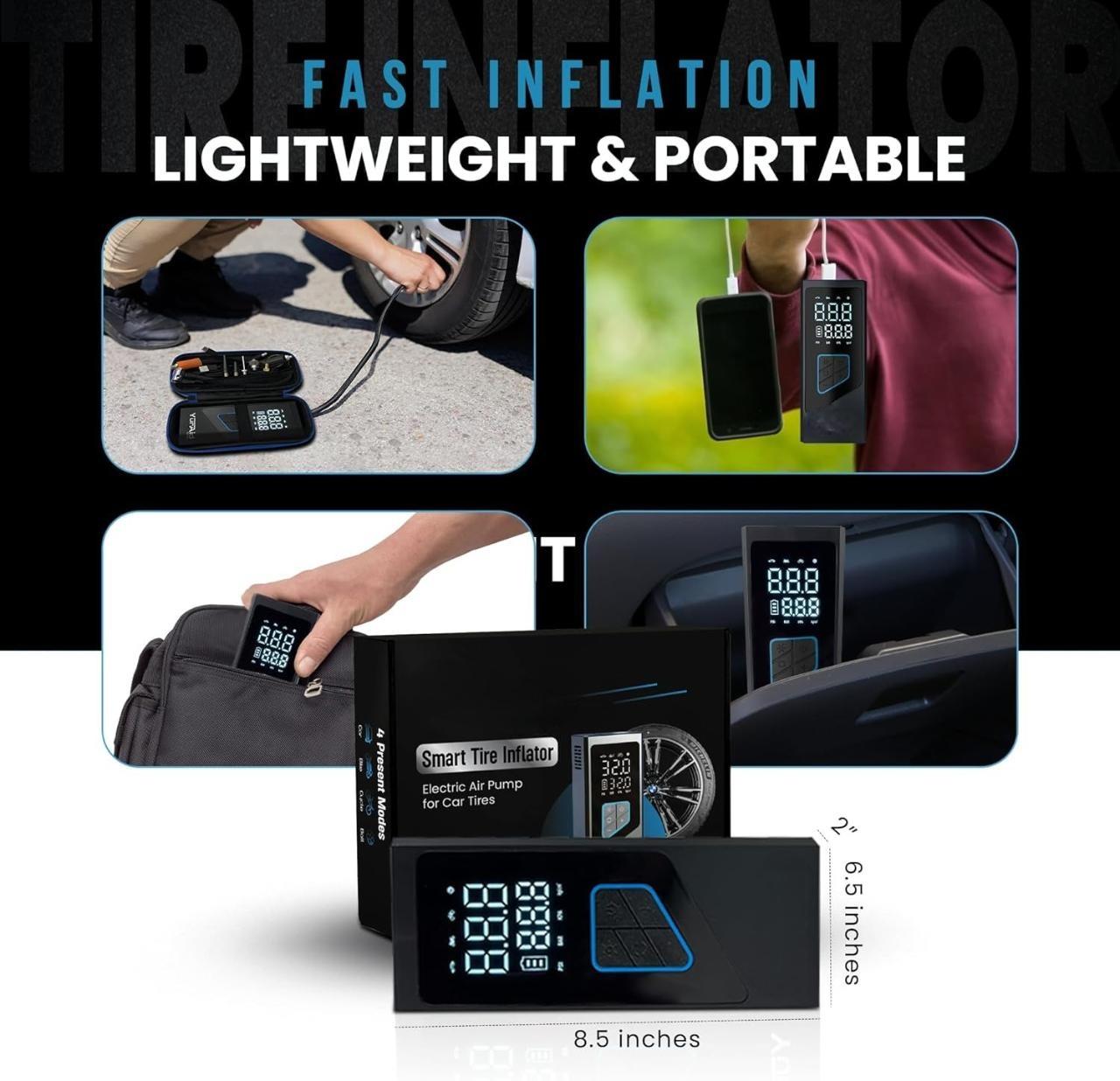 Premium Portable Tire Inflator for Car, 150 PSI Wheel & Tire Air Compressor and Inflator with Battery, Fast Electric Digital Tire Pressure Pump Gauge for Vehicle, Car, Bike & Motorcycle Tires Premium Portable Tire Inflator for Car, 150 PSI Wheel & Tire Air Compressor and Inflator with Battery, Fast Electric Digital Tire Pressure Pump Gauge for Vehicle, Car, Bike & Motorcycle Tires