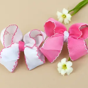 12 Piece Set of 4.5 Inch Scalloped Edge Hair Bows for Girls Colorful and Adorable Hair Accessories Pink and White Designs