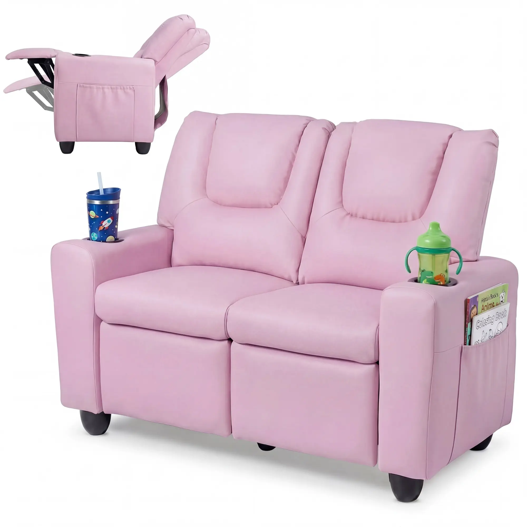 Costway 2-Seater Kids Recliner, Double Toddler Sofa Chair w/2 Cup Holders & 2 Side Storage Pockets, PU Leather Loveseat Couch w/Adjustable Backrest & Footrest for Girls & Boys 3+ Years Old