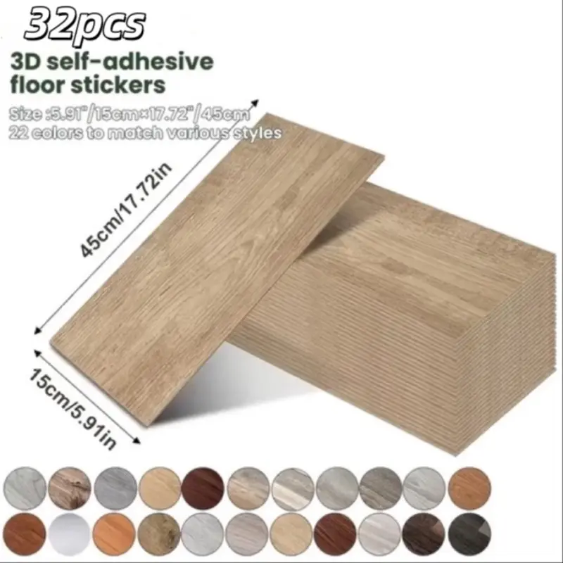 32 pieces, 15x45 cm self-adhesive vinyl plank floor tiles, cork floor, DIY peel and stick wood grain strips, straight pattern, living room, bedroom, office, indoor space, shape and stripe style, Flooring