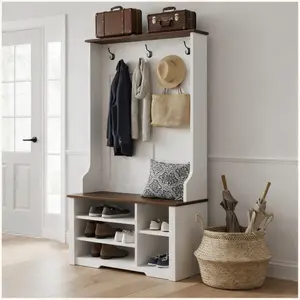 Narrow Hall Tree with Shoe Storage Bench, 31.5" Compact Entryway Coat Rack for Small Spaces/Apartments, Heavy Duty 350 LBS Capacity