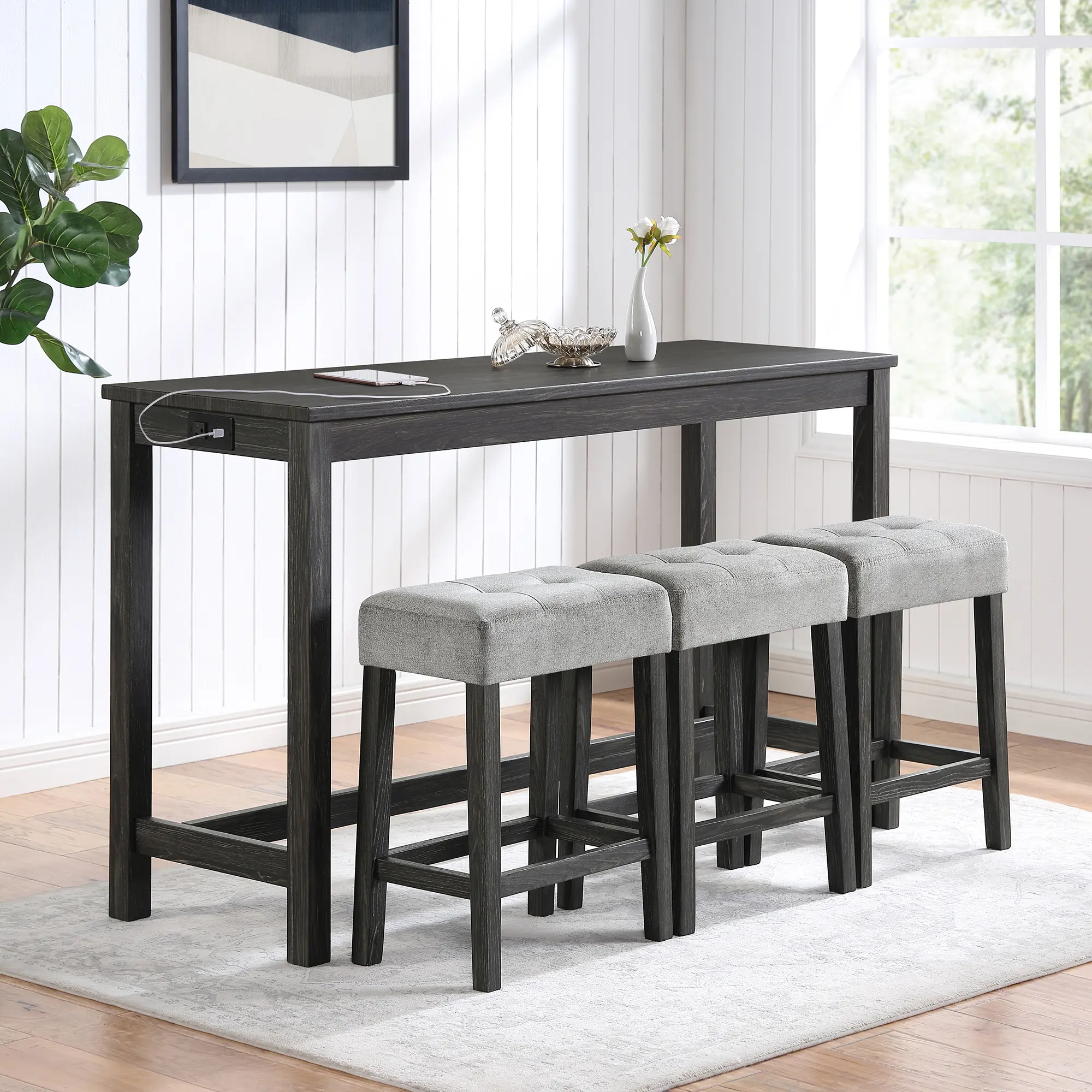 4-Piece Bar Table Set with Built-In Power Outlet, Industrial Style, Multiple Color Options