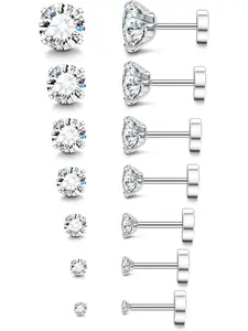 20G Hypoallergenic Flat Back Earrings for Women Men Silver Gold Stainless Steel Stud Earrings Brithstone Cubic Zirconia Studs Steel Cartilage Earrings for Sensitive Ears Solitaire Earrings Post Earrings