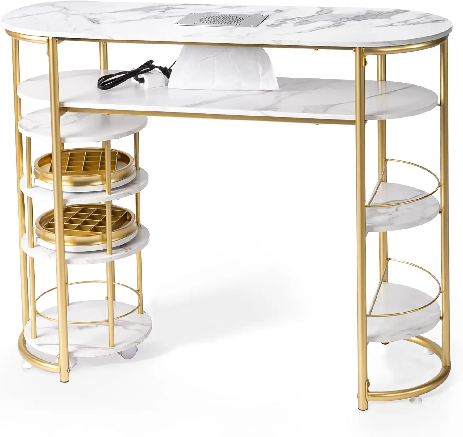 Karlhome Manicure Table w/Dust Collector & Trolley, White Marbling Modern Nail Station w/Rolling Storage Cart, Nail Desk for Nail Tech, for Salon Spa Beauty Makeup, Acetone Resistant