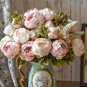 Lush Pink & White Artificial Peony Bouquet with Greenery - Elegant Vintage-Inspired Faux Flowers, Durable Plastic, Perfect for Home Decor, Weddings, and Dining Table Centerpieces stylish