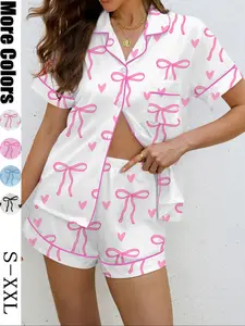 Valentine's Day，Women's Bow Print Pajama Set, Casual Shirt Collar Soft Top & Elastic Shorts, Comfortable Home Wear for All Seasons