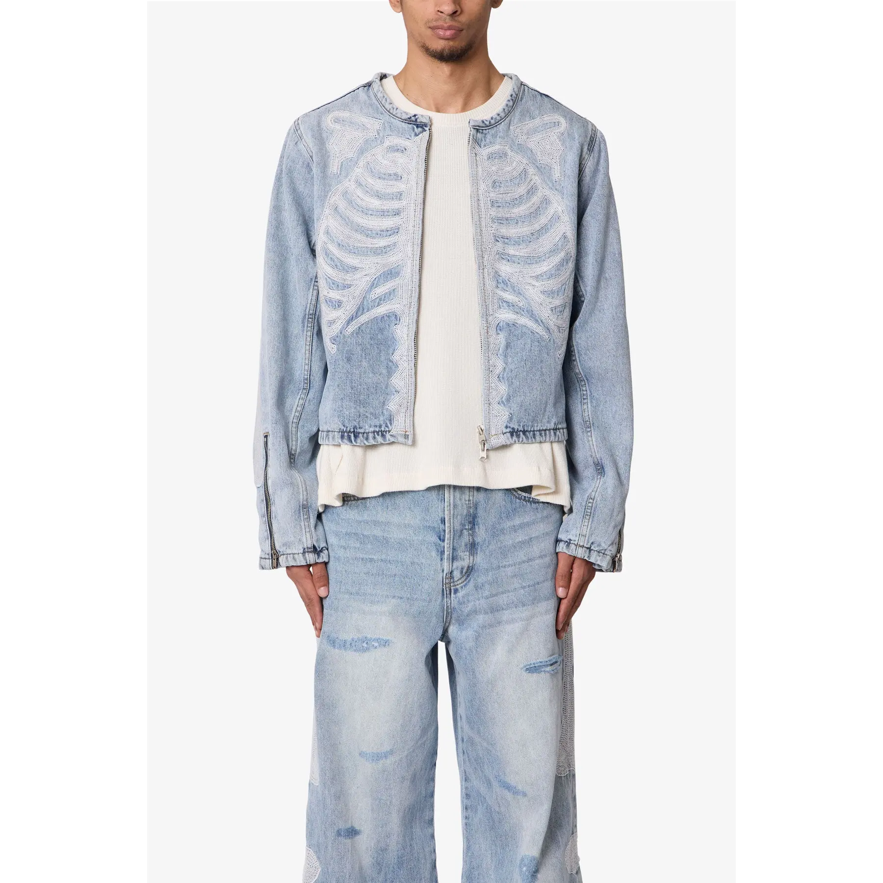 mnml Skeleton Moto Jacket - Washed Blue
