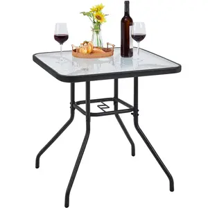 Yaheetech 27.5'' Outdoor Coffee Table Patio Square Bistro Table, Square Tempered Glass Top with Umbrella Hole, Dining Table with Metal Frame For Balcony Backyard Lawn and Garden Black