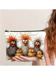 1pc Cute Chicken Print Zippered Pouch - Fabric Makeup Bag & Organizer Suitable for Students, Travel, - Multipurpose Toiletry & Stationery Holder with Chicken Pattern