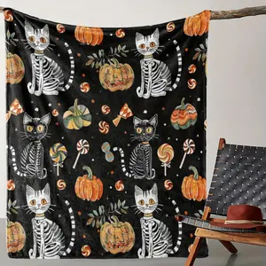 Comfortable Flannel Halloween Blanket with Cute Cat and Pumpkin Pattern- Soft and Warm, Suitable for Sofa, Bed, Car, Office, Camping- All-Season Gift, Travel Accessory, Camping Essential, Contemporary Style, Festive Print, Warm Fa