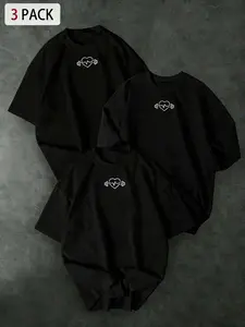 Men's 3-Pack Oversized Gym T-Shirts, Trendy Heartbeat Dumbbell Graphic Short Sleeve Crewneck Tees, Soft Cotton Blend Casual Tops for Workout & Street Style, Fitness Enthusiast Everyday Wear