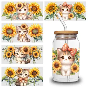 5 Sheets Cute Kitten Sunflower UV DTF Stickers UV DTF cup packaging transfer sticker, 16oz carafe decoration, suitable for any smooth object surface, craft decoration, glass decoration, campus decoration, small gifts for friends, small gifts for family.