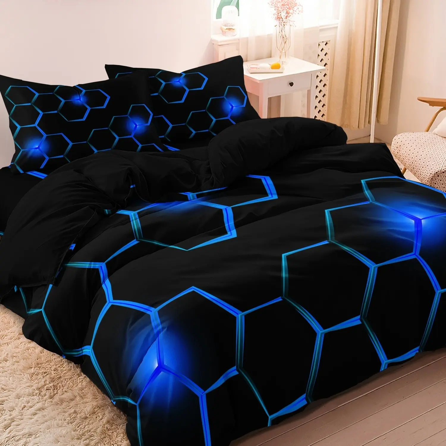 3Pcs Red and Blue Black Geometric Honeycomb Pattern 3D Printed Duvet Cover Set - Comfy Bed Sets Soft Comfortable Bedding Set For Bedroom, Guest Room - 1*Duvet Cover + 2*Pillowcases (No Comforter) Bed Sets