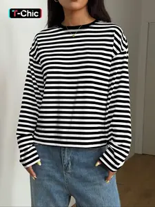 Women's Striped Long Sleeve Top Red and White Stripes Crew Neck T Shirt Casual Loose Fit Drop Shoulder Soft Jersey Knit Everyday Basic Pullover Street Style Lightweight Oversized Chic French Style Layering Top, Knitwear, Womenswear