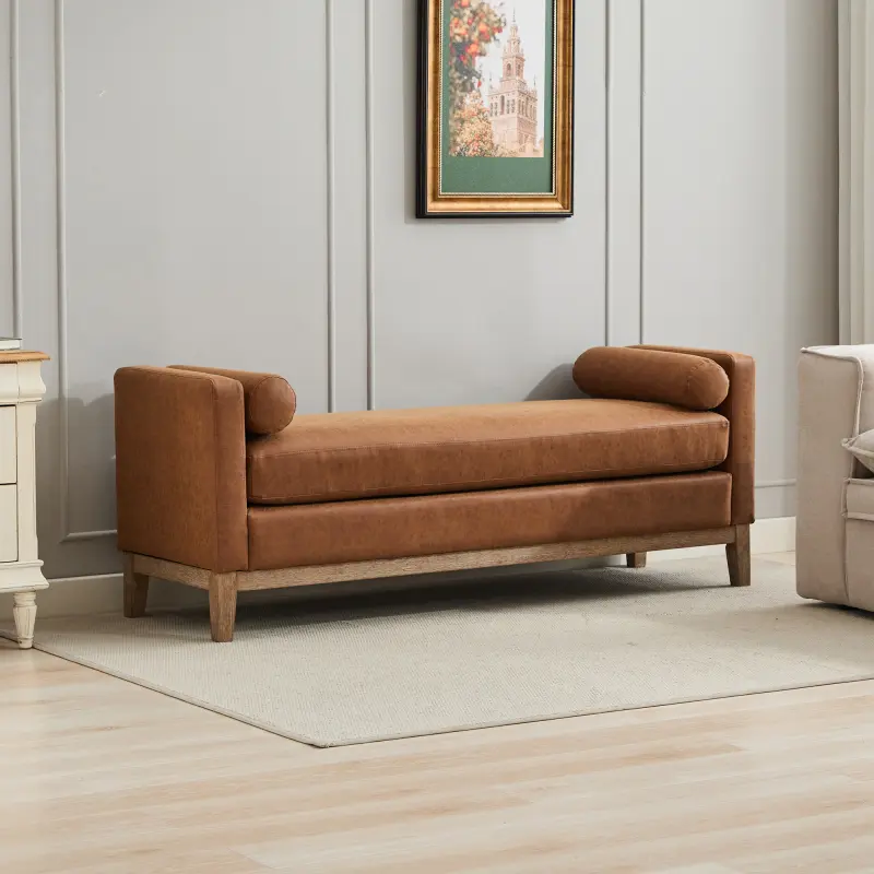 66.34"W Elegant Upholstered Bench Daybed Ottoman with Wood Legs and 2 Bolster Pillows for End of Bed Bedroom Living Room Entryway Brown Polyurethane PU