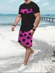 Men's Casual Short Sleeve T-Shirt Set with 3D Printed Coconut Tree, Tropical Hawaiian Style Beach Shorts for Summer Wear, Fitted Streetwear, Matching