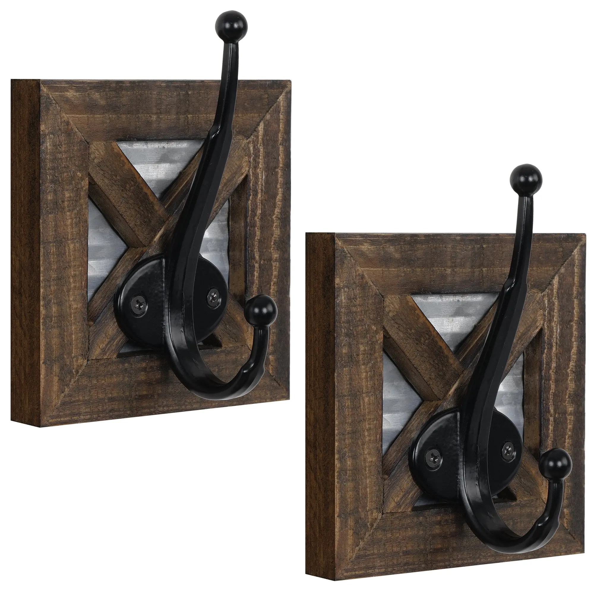 Autumn Alley 2-Piece Rustic Robe Hooks Set - Wood and Galvanized Metal Wall Mounted Towel Rack Organizer for Bathroom with Farmhouse Wall Hooks - Door