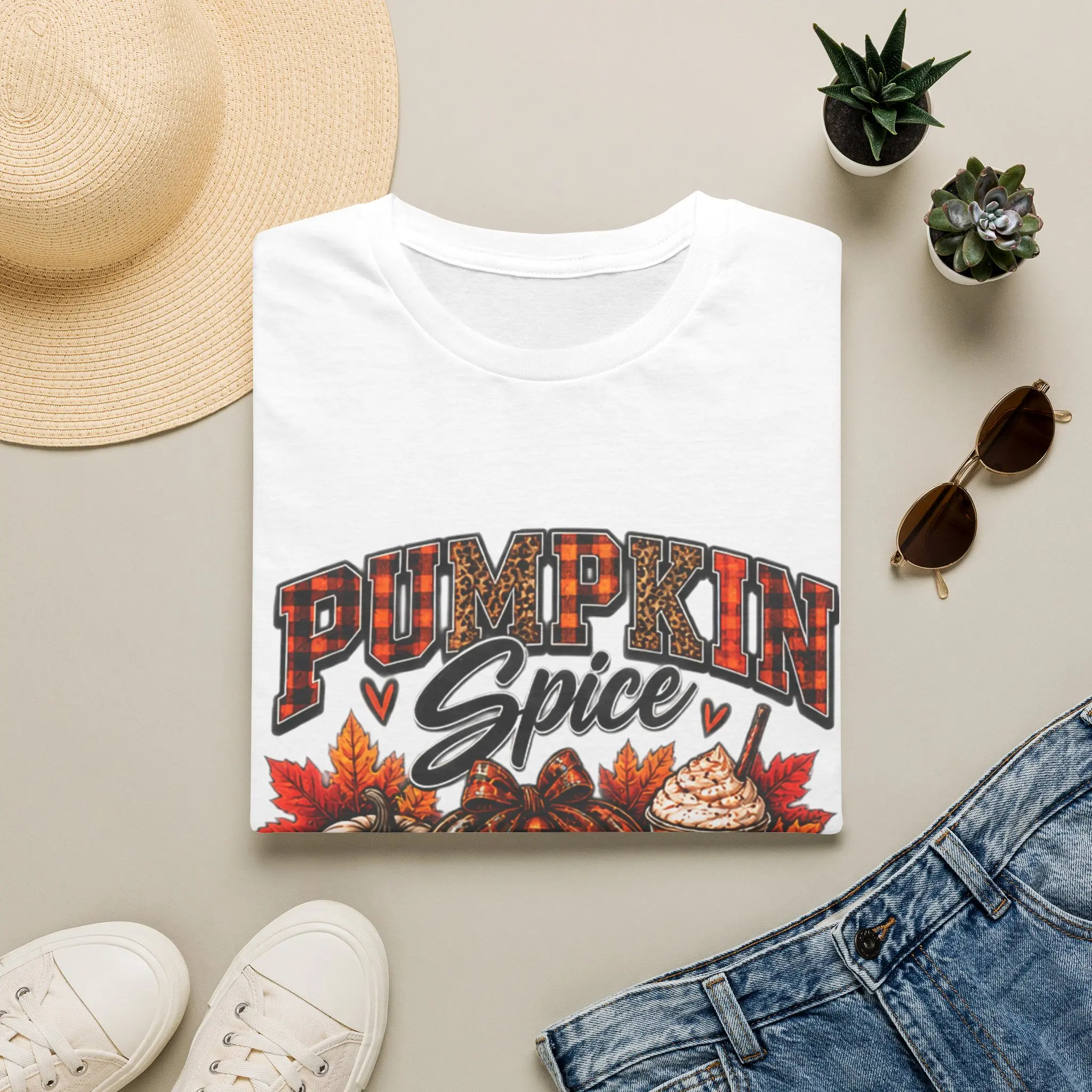 Men's Pumpkin Spice Graphic T-Shirt - Pure Cotton, Classic Fit Casual Wear, Fall Pumpkin, Plaid Leaves, Cozy Softness Autumn Design