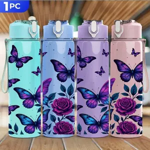 High-Value Girl Water Bottle, Portable Leakproof Design, Dreamy Blue Butterfly Plastic Cup, Stylish & Practical Drinking Mug