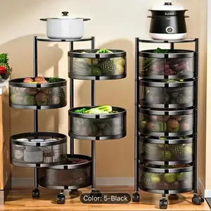 5-Tier Rotating Storage Cart | 360° Spinning Round Organizer with Wheels, No Assembly Required, Space-Saving Iron Frame, Ideal for Fruits, Vegetables, Documents - Freestanding, Ergonomic, Spray End storage and organization