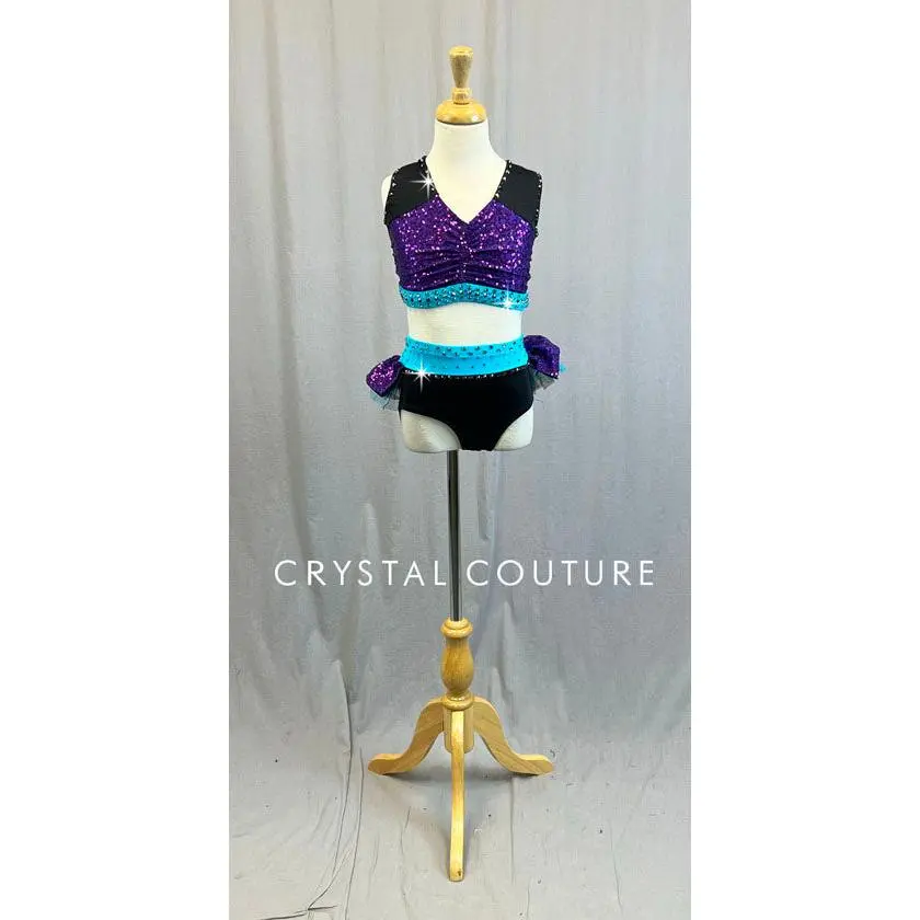 Custom Purple, Light Blue & Black Two Piece with Back Tulle Skirt - Rhinestones
