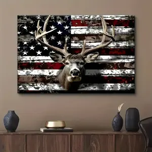 1pc Thick Wood-Framed 2D Flat Artistic Rustic American Flag & Deer Hunting Art Print - Patriotic Wildlife Wall Decoration, Multi-Size Farmhouse Room Decor, Unique Gift for Outdoorsmen