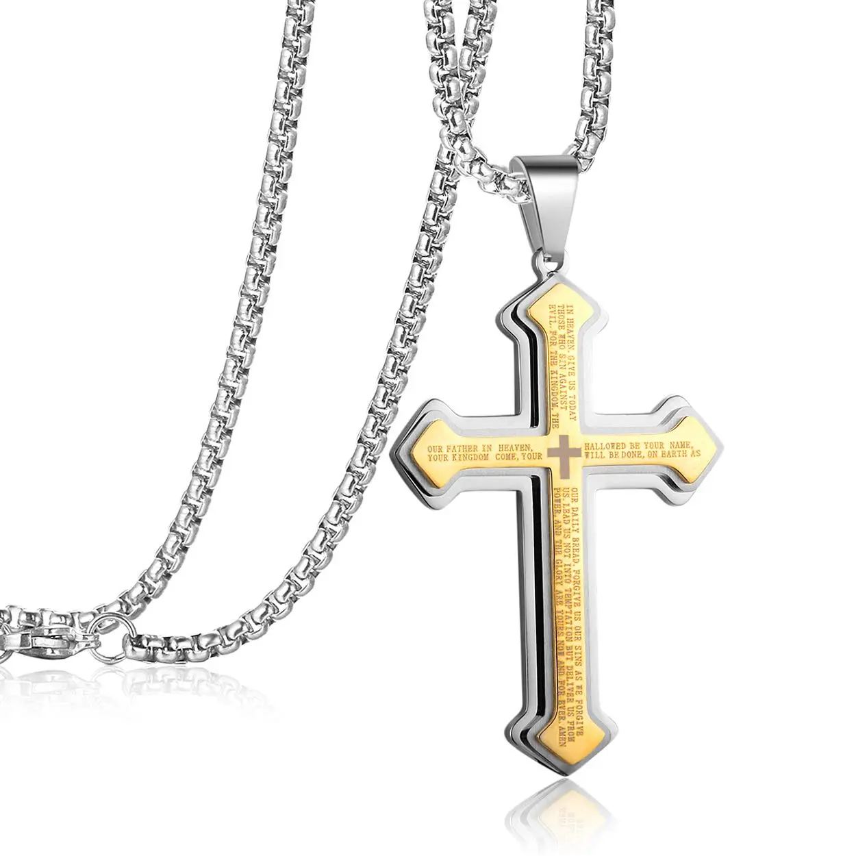 Men's Stainless Steel Nail Lord's Prayer Cross Pendant Necklace for Men | Large Pendant and Strong 23 Inch Chain
