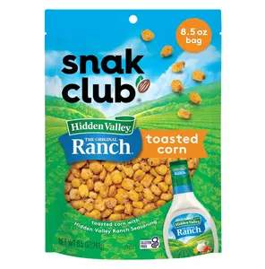 Snak Club Toasted Corn with Hidden Valley Ranch Seasoning, Roasted and Salted Corn Nuggets, Gluten-Free and Kosher Snack, 8.5 oz Resealable Bag