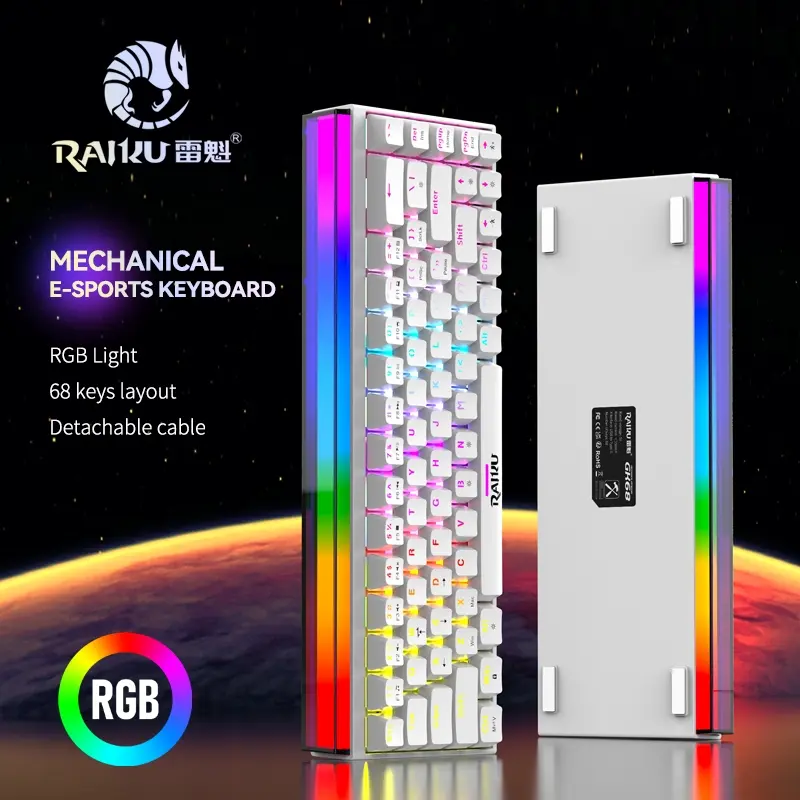 Raiku Gk68 Mechanical Backlit Keyboard, Wired Connection, RGB Lighting Effects, Full-Size Hot-Swappable Blue Switches, Gaming & Office Use, Mechanical Game Keyboard