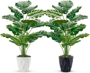 Der Rose 2-Pack 28" Large Artificial Monstera Plastic Plants, Decorative Artificial Flower Decorations with White and Black Pots for Home Living Room Decorations, Office Use