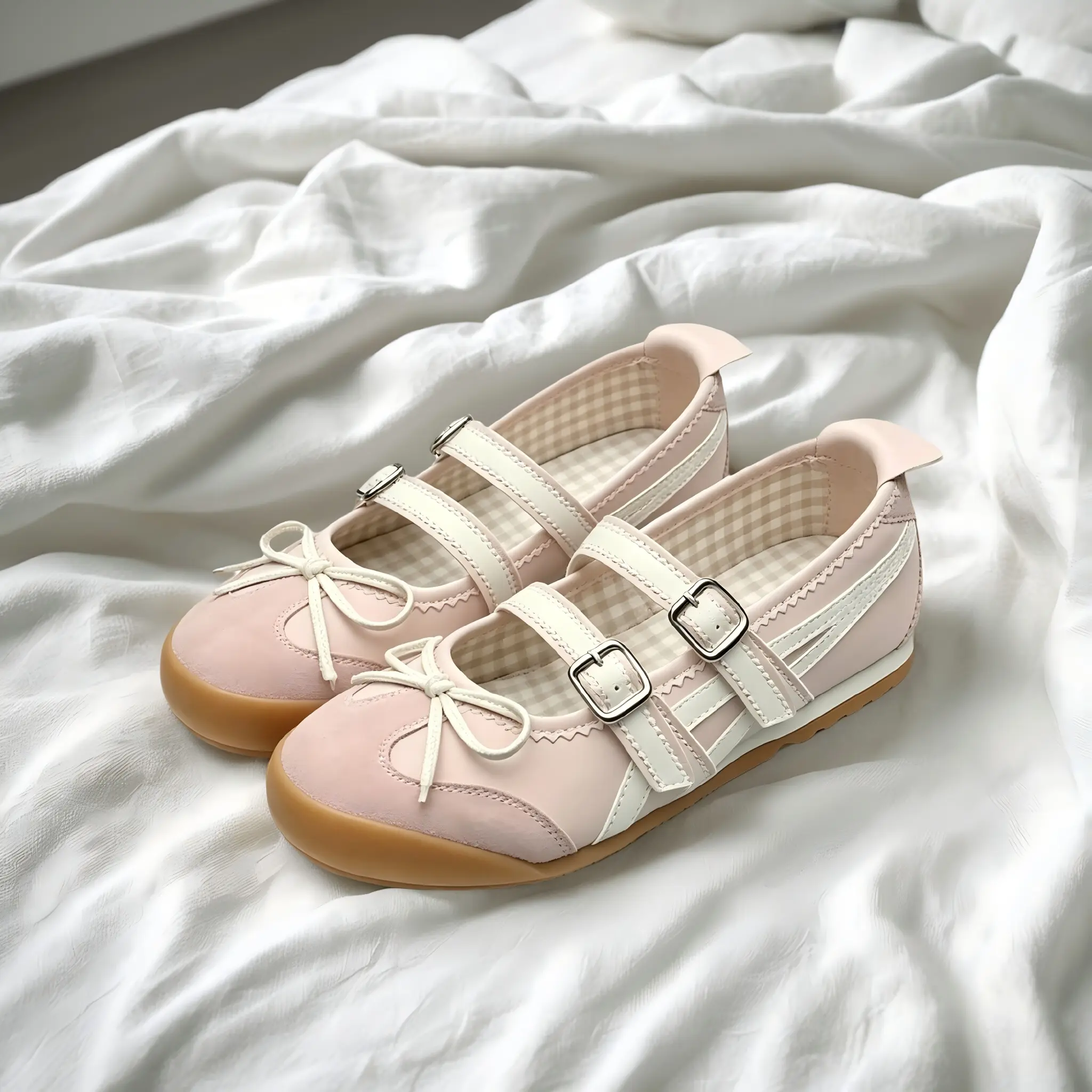 Women’s Round Toe Mary Jane Ballet Flats Cute Double Buckle Strap Shoes with Bow Lightweight Casual Walking Flats