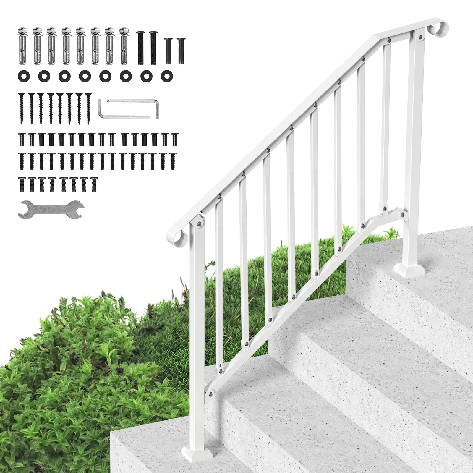 【Summerfinds】VEVOR Handrails for Outdoor Steps,3-4 Step Stair Hand Rail KitTransitional Carbon Steel Railings with Installation KitStair Rails for SeniorsConcrete Steps & Porch & DeckWhite Retro Arch, Adjustable Steps Accessories