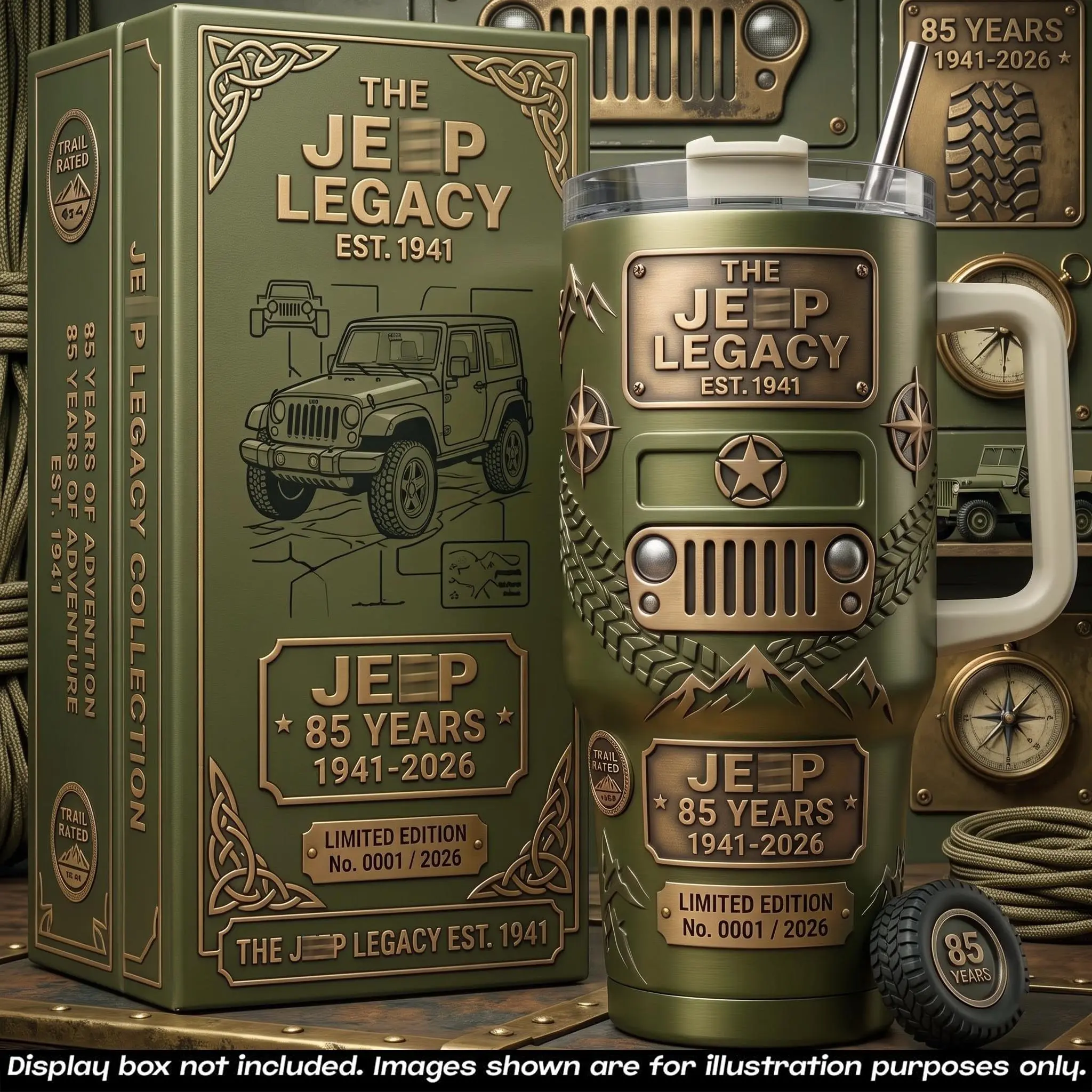 Jeep 85th Anniversary Off-Road 40oz Insulated Tumbler With Handle & Straw, Vintage 1941-2026 Adventure Stainless Steel Travel Mug, Embossed 3D Mountain Graphic Cup, Offroad Vehicle Lover Gift, Commemorative Collector Drinkware