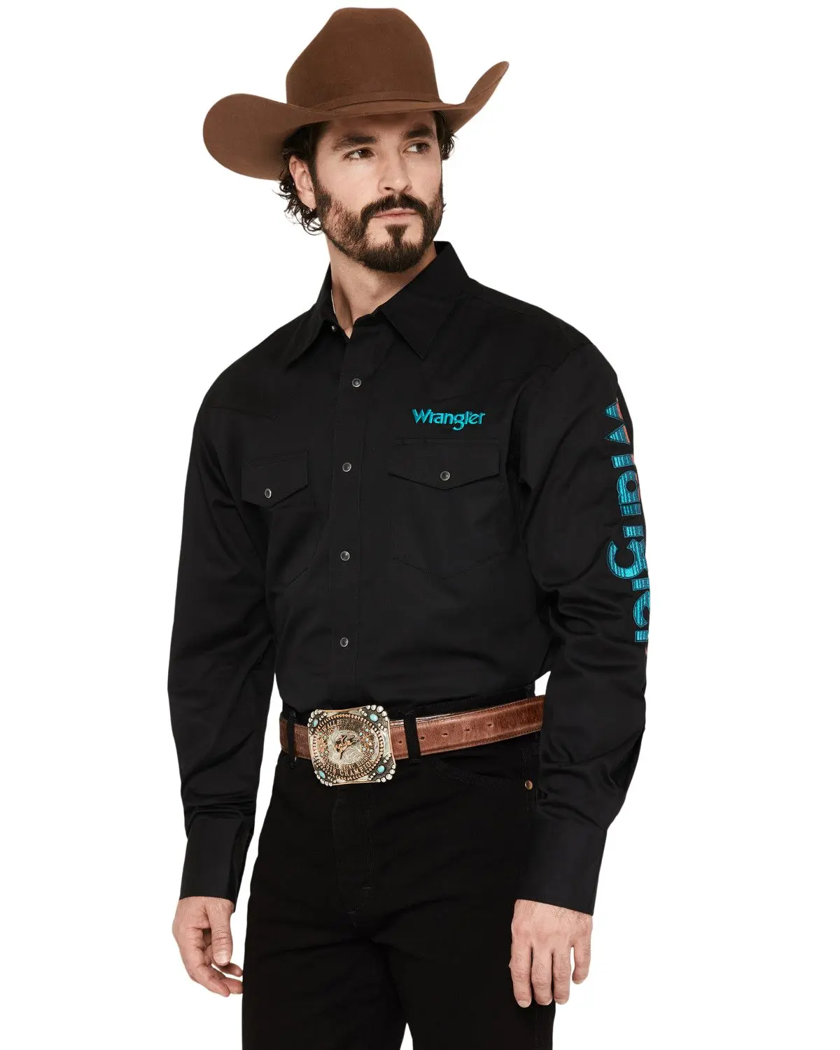 Wrangler Men's Men'S Western Solid Logo Long Sleeve Snap Shirt - 112381987