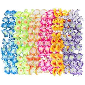 Giant Hawaiian Ruffled Simulated Colorful Luau Silk Flower Leis Jumbo Necklaces for Tropical Island Beach Theme Party Event Birthday Supplies Costume 12 Pack