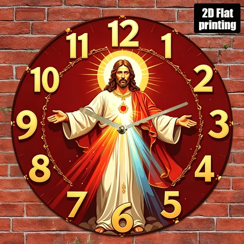 2D flat design, Jesus Christ statue clock with glow - non-luminous round, Silent analog clock, suitable for church, home, office decoration, silent sweep movement, Jesus Christ religious gift, suitable for prayer room, bedroom, Walls Clocks