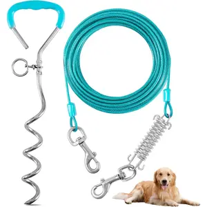 Dog Tie Out Cable and Stake,10FT Outside Dog Run Cable Leash&Chain with Shock Spring for Camping and Yard, 16'' Heavy Duty Anti Rust Spiral Stake for Small-Large Dogs Up to 200 lbs (Teal, 200lbs 10FT)
