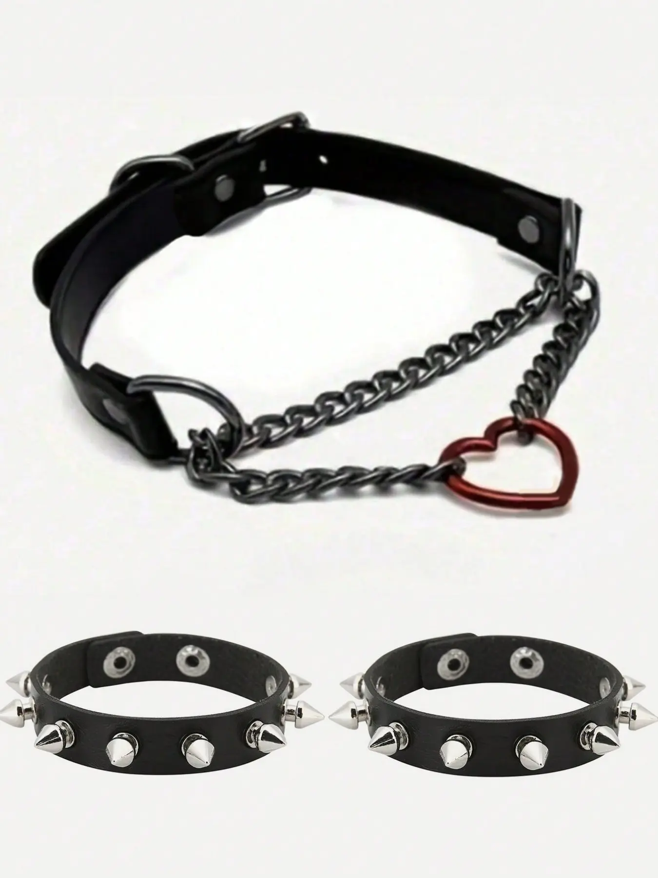 Punk Style Spiked Leather Necklace Bracelet Set, Dark Metal Rivet Wristband, Unique Cool Street Fashion Accessory, Streetwear Jewelry Set, Accessories Set (set of Two)
