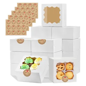 50 Pack White/Brown Cookie Boxes, 4x4x2.5 Inches Bakery Boxes with Window, Premium Cake Box, for Mini Cake Treat Dessert Pastry Donuts Macaroon Strawberries Chocolate Candy Christmas Halloween Holiday Accessories (with Stickers)