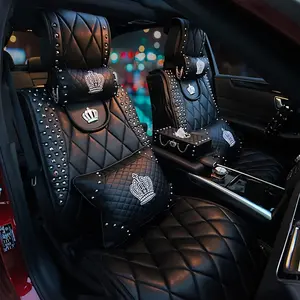 Luxury Retro Palace Car Seat Covers, Rhinestone Crown Fashion Rivet Decoration Universal Fit Size Front & Rear Seats, Car Seat Decorative, Elegant Auto Accessories